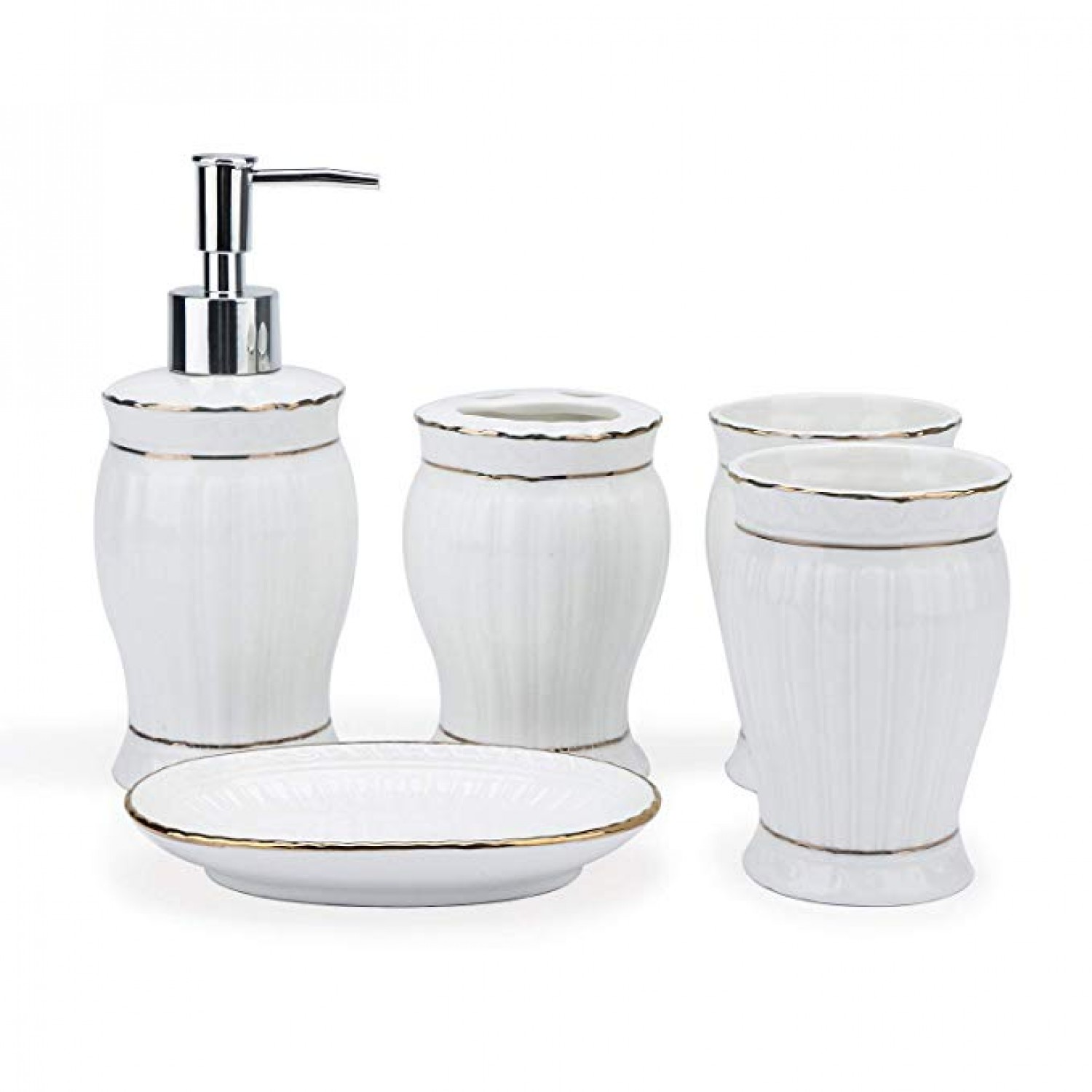 Segarty Bathroom Accessories Set 5pcs White Ceramic Soap Dispenser Segarty Bathroom Accessories Set 5pcs White Ceramic Soap Dispenser Toothbrush Holder Dish Tumbler Bath Organizer
